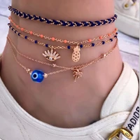 trendy creative multilayer hand weave chain anklets ankle for women boho blue eyes metal pineapple pendant anklet foot jewelry