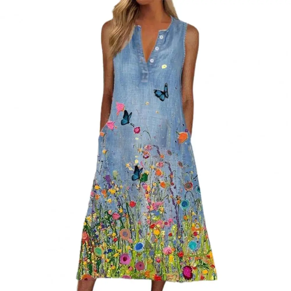 

vestidos for women 2022 Women Denim Dress Floral Print V Neck Summer Loose Large Hem Midi Dress for Beach Vacation Party