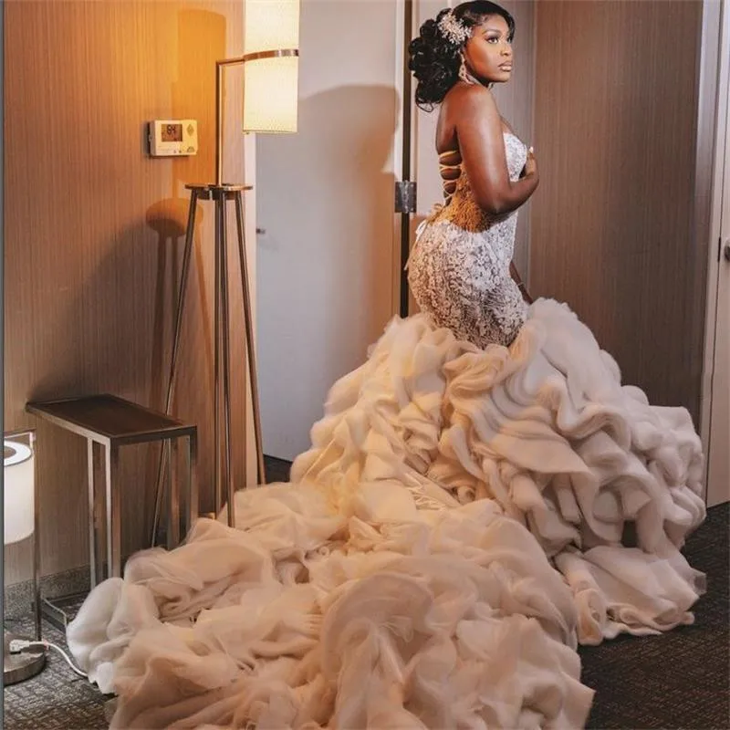 

Sweetheart Wedding Dresses for Women 2022 Mermaid Bridal Gowns Sexy Lace Up Back Long Train Ruffles Elegant vestido de novia