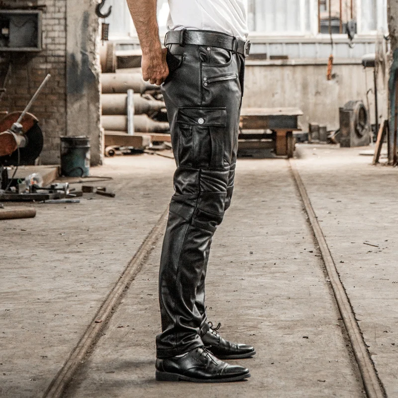 

Designer Genuine Brand Leather Male Profession Motorcycle Biker Long Trousers Vintage Large Size Soft Cowskin Black Pants