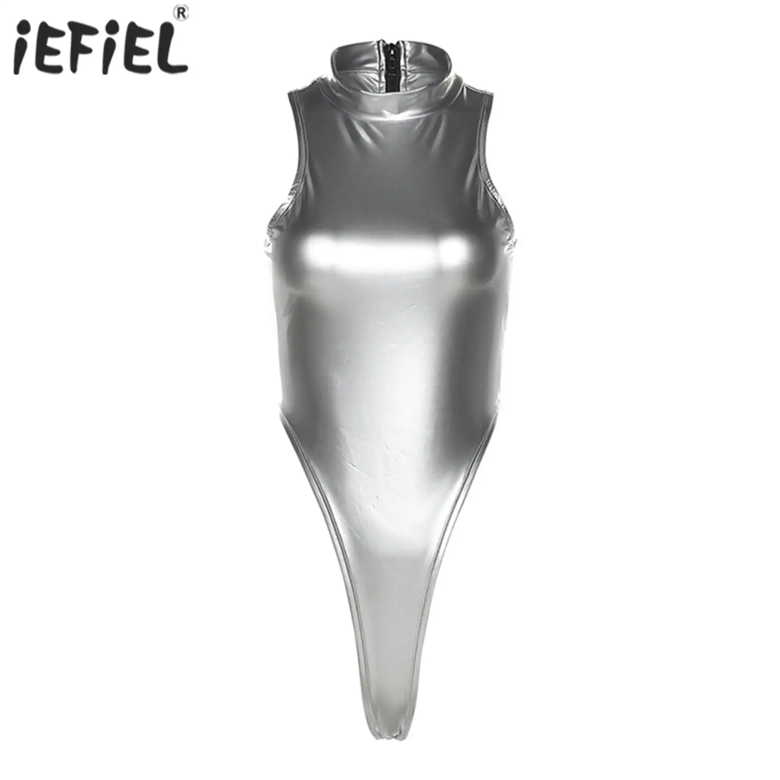 

Женское серебристое металлическое боди, боди с высоким воротником без рукавов, эластичный комбинезон с высоким вырезом, танцевальная клубная одежда