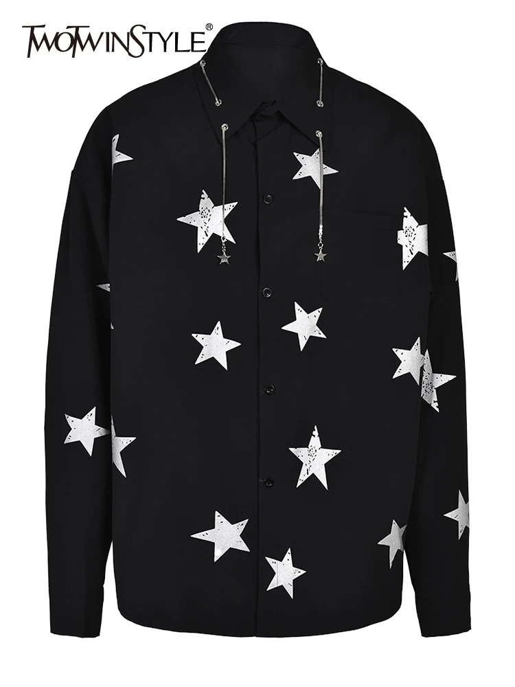 

TWOTWINSTYLE Hit Color Shirts For Women Lapel Long Sleeve Spliced Button Star Print Summer Blouse Female Fashion Clothing New