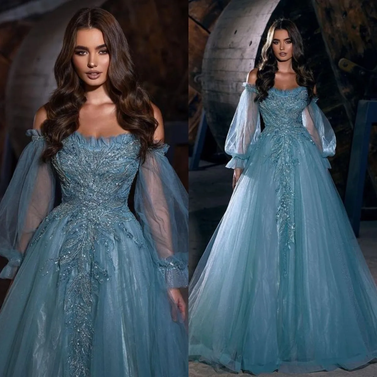 

Stunning Blue Tulle Evening Dresses Off Shoulder Sequins Appliques Prom Gowns Long Sleeves A Line Graduation Party Dresses