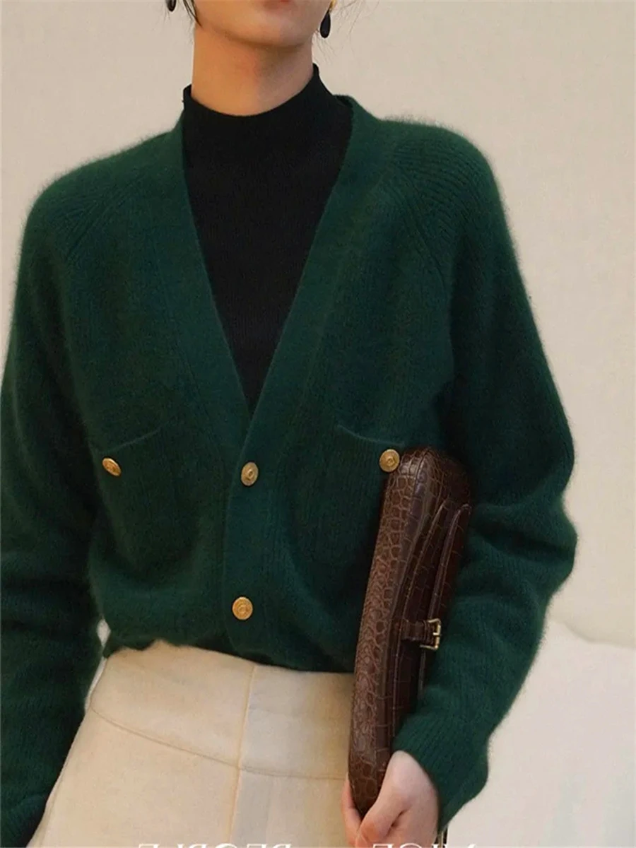 

Sweater Women Fall Winter French Vintage Knitted Lady Clothes Soft Loose Coat Green V Neck Long Sleeve Female Cardigan Top