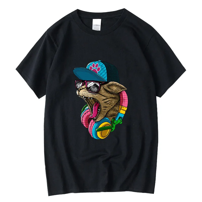 

2022 New Men's High Quality 100% Cotton Funny DJ Cat Print Summer Loose Cool o Neck T Shirts Men's Casual Fashion Short Sleeves