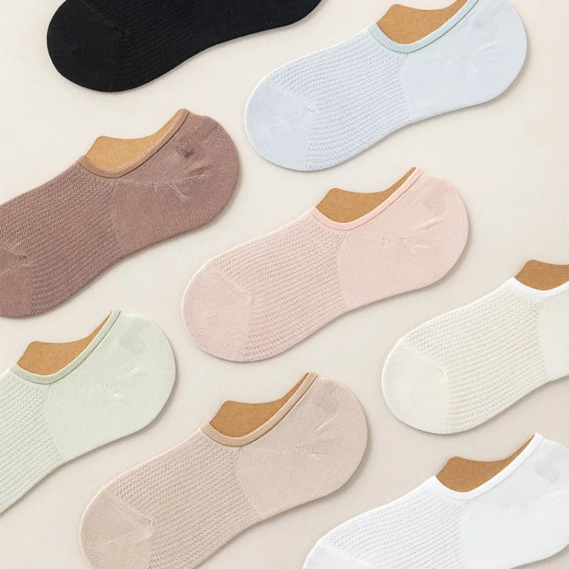5Pairs Women's Invisible Socks Silicone Non-slip Breathable Mesh Solid Color Ankle Boat Sock Soft Cotton Ultra-thin Ladies Sox