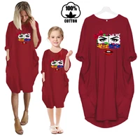 mother daughter parent child home dress dress cotton pocket skirt printed childrens dress long sleeve