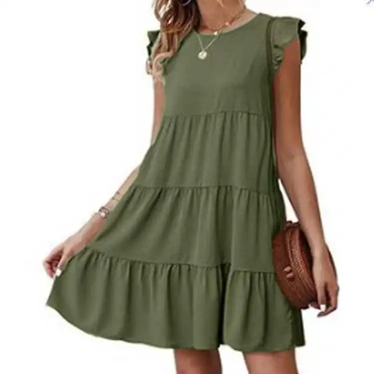 

Summer Dresses for Women 2022 Pleated Big Swing Dress Solid Color Short Sleeve Beach Casual Vestido Korean Fashion Clothing