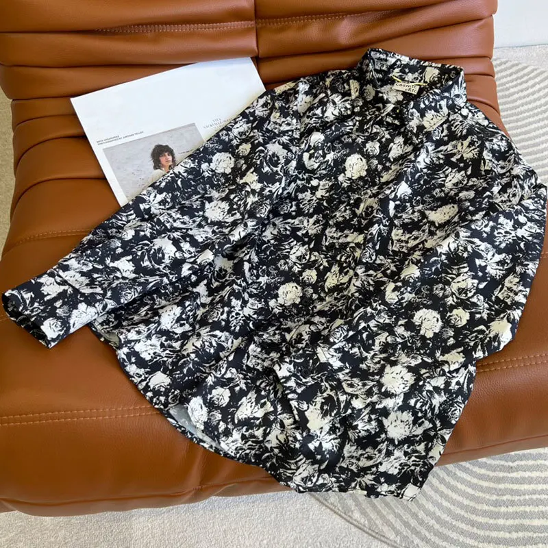 

Spring Summer Runway Rose Printed Floral Shirts Women Long Sleeve Tops Fashion Turn Down Collar Shirt Elegant Button Up Blouse