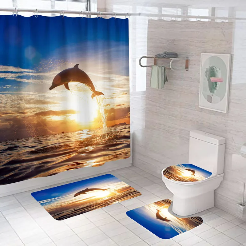 3D Print Fish Bath Curtain Dolphin Mat Set Marine Life Toilet Rugs Flower Carpet Waterproof Anti-slip Shower Curtains |