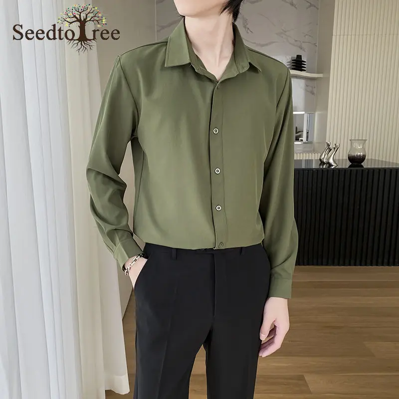 Spring and Autumn Men's Casual Shirts Solid Color Long Sleeve Lapel Single Breasted Shirts
