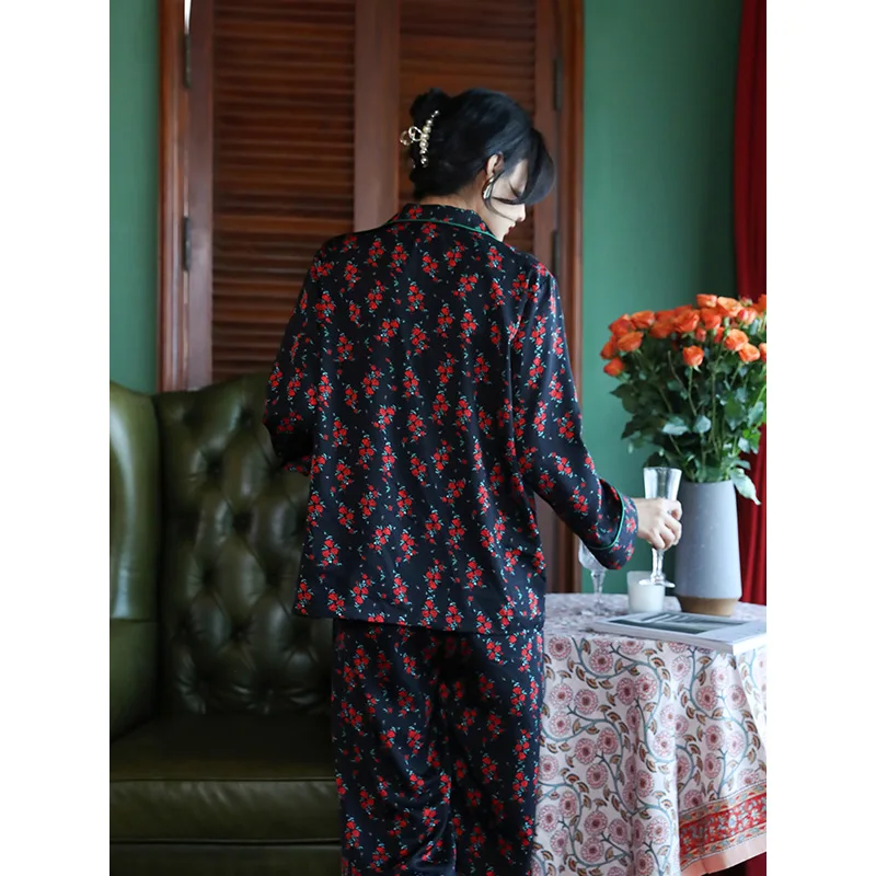 Maison Gabrielle 2022 Spring Summer New Floral Printed Pajamas Set Loungewear Sleepwear for Women 2 Pieces Long Sleeve Satin