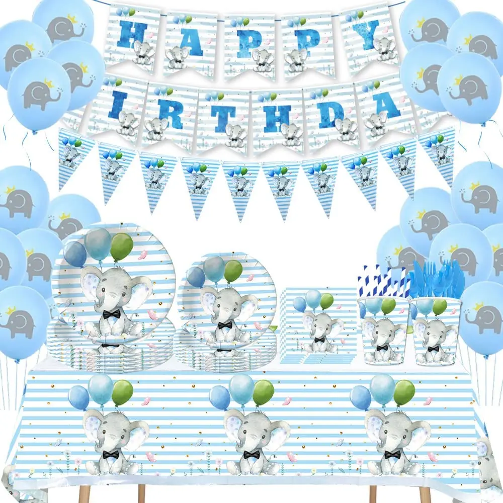 

Blue Elephant Birthday Party Supplies Baby Shower 1st Birthday Party Baptism Paper Tableware Cups Plates Balloons Decorations