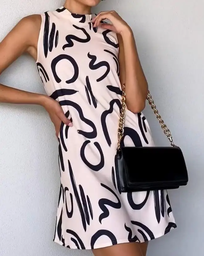 

Мини-платье женское с воротником-стойкой, без рукавов, с абстрактным принтом