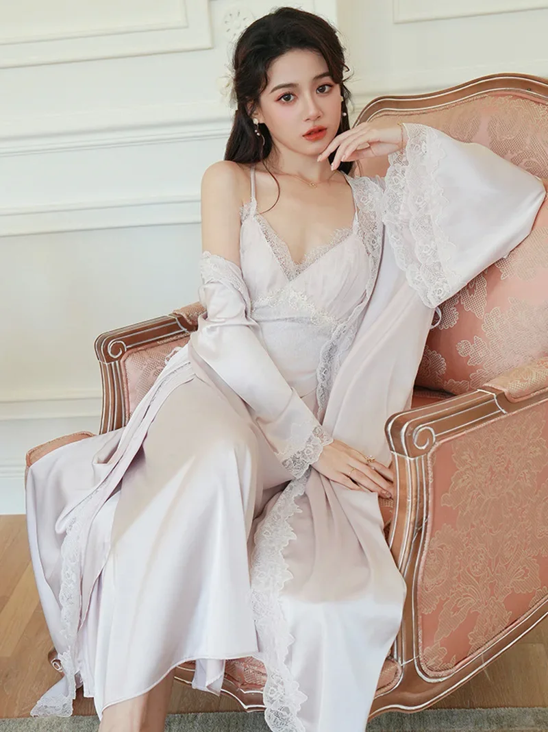 Женская шелковая ночная рубашка с длинным рукавом весна-осень