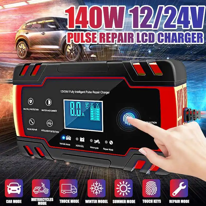 Car Battery Charger 12/24V 8A Touch Screen Pulse Repair LCD Battery Charger For Car Motorcycle Lead Acid Battery Agm Gel Wet