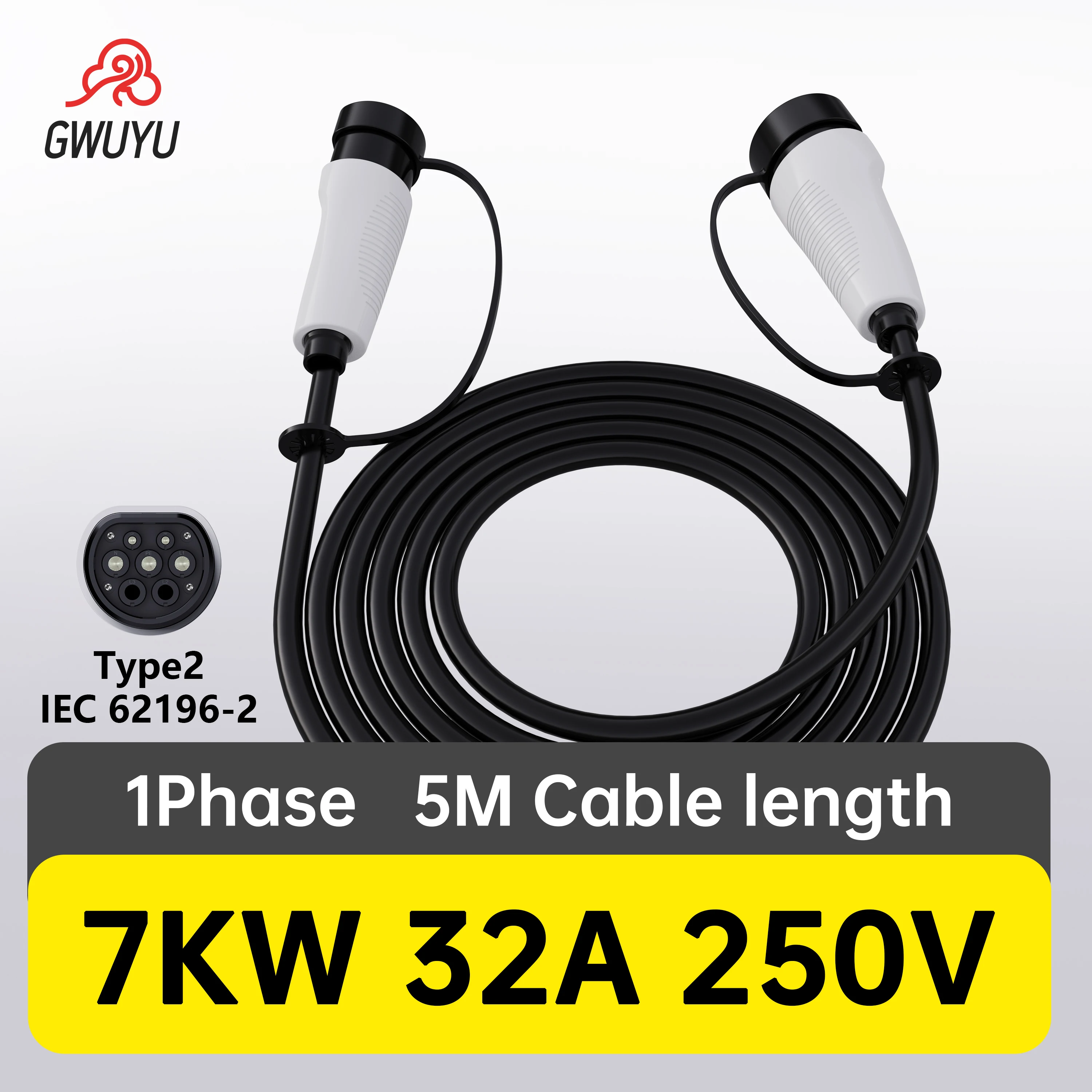 GWUYU EV Charger with 5M Cable Double Plug 250V 32A 7KW 1Phase Female to Male Type 2 IEC62196-2 Cord for Electric Car Charging