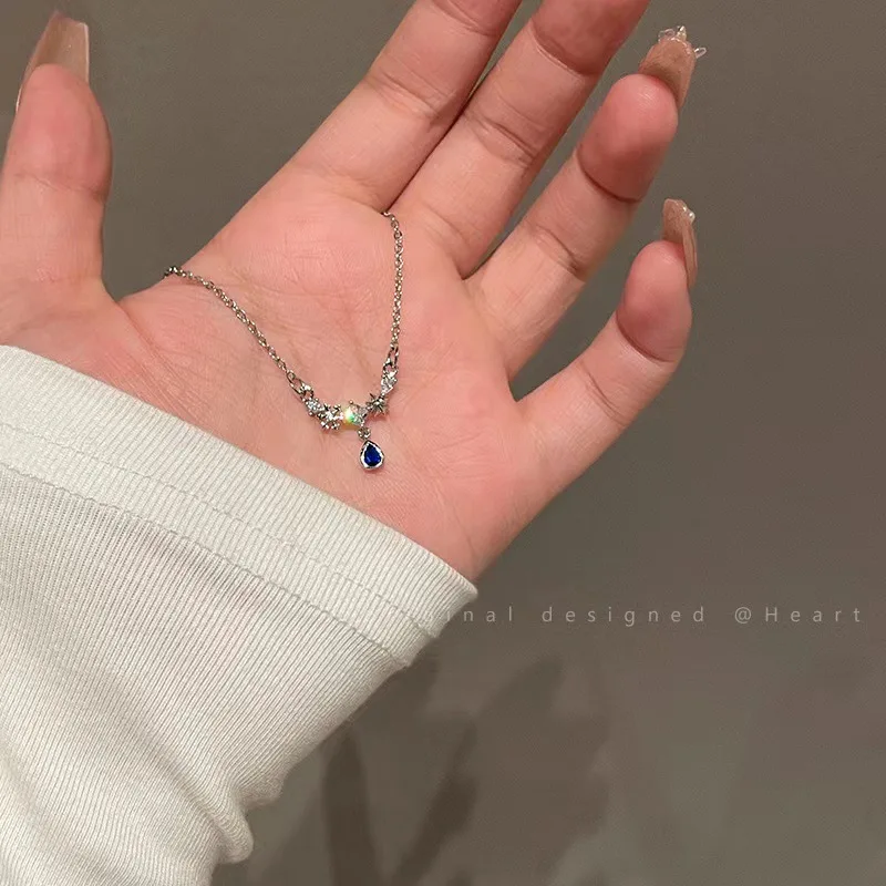 Ожерелье В Корейском Стиле С Синей Блесткой Из Кубического Циркония Форме Капли