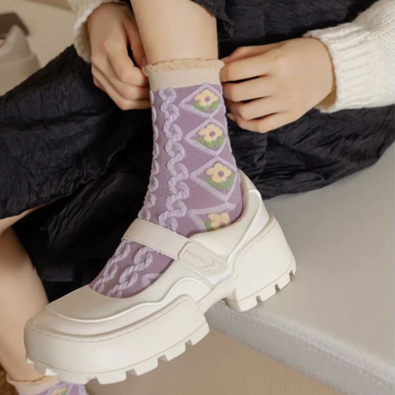 5 Pair Kawaii Frilly Socks Women Long Winter Cotton Socks Fashion Japan Style Purple Lolita Street Accessories Cute Socken Femm