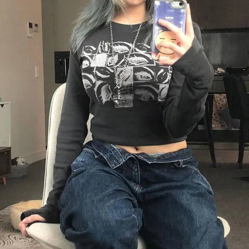 

Женский короткий топ в стиле Харадзюку, Готическая футболка с принтом в виде глаз, Y2k, одежда для гранж, Винтажная футболка на осень, новинка 2022