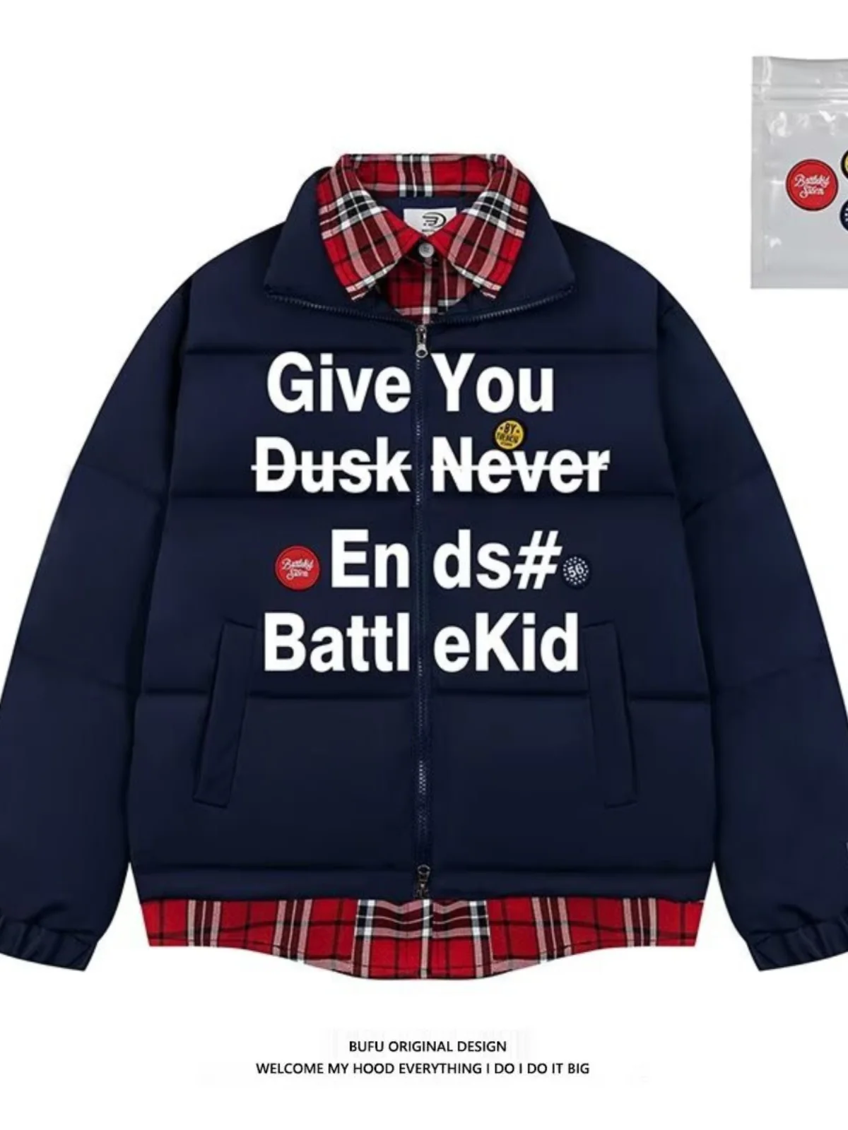 Fake Two-Piece Letter Print Stand Collar Cotton-padded jacket Outerwear Men's and Women's Winter National Fashion Thickened C...