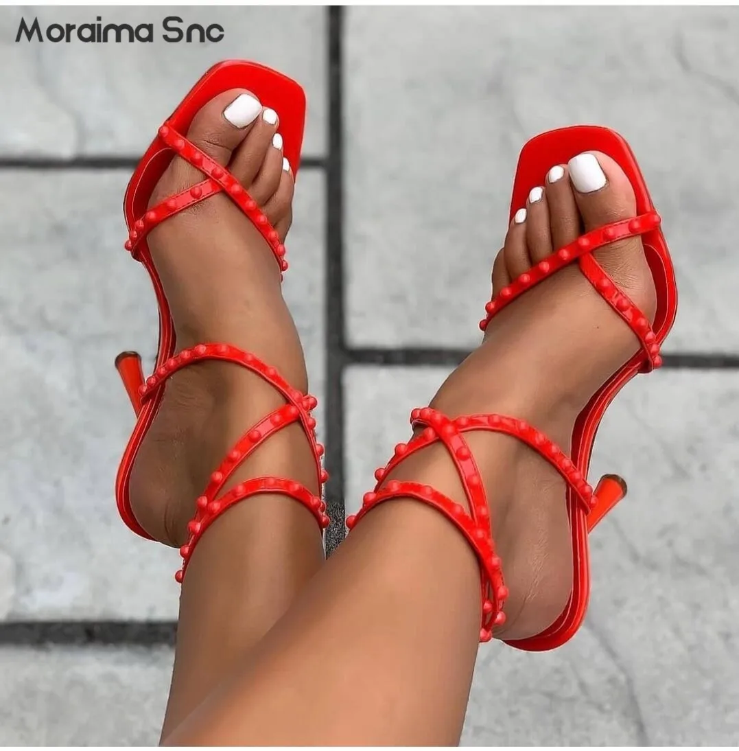 Cross Thin Strap Rivet Clip Toe Sandals Square Head Stiletto Roman Sandals Ankle Strap Holiday Large Size Sexy Fashion Sandals