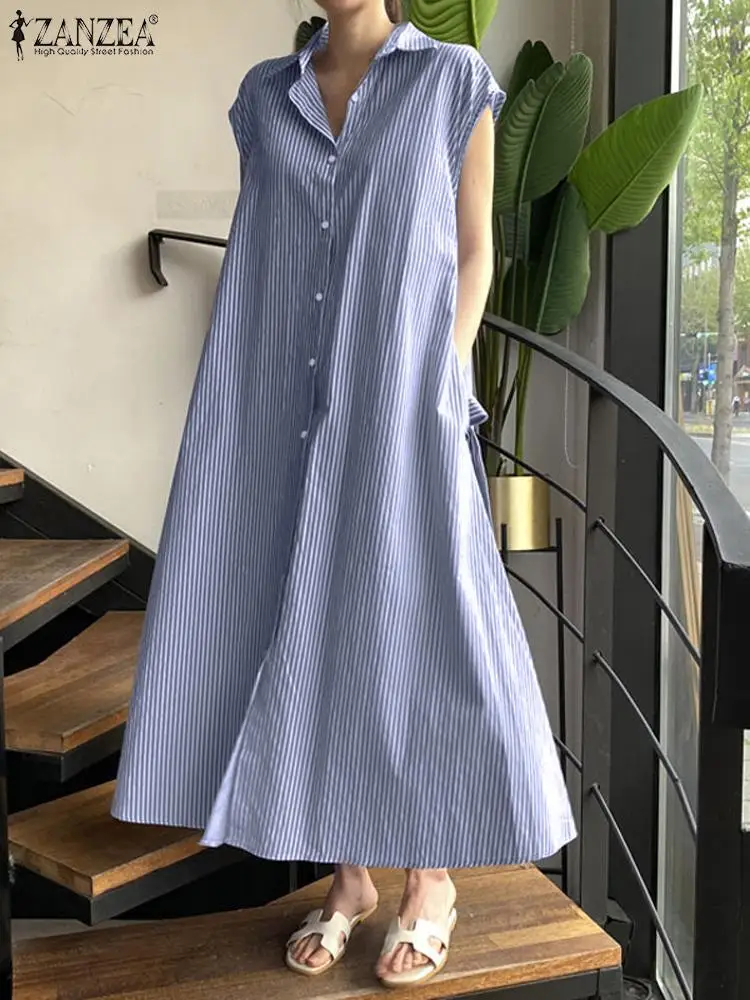 

ZANZEA Oversize Summer Striped Sundress Women Fashion Short Sleeve Loose Long Shirt Dress Casual Lapel Neck Work Vestido Kaftan