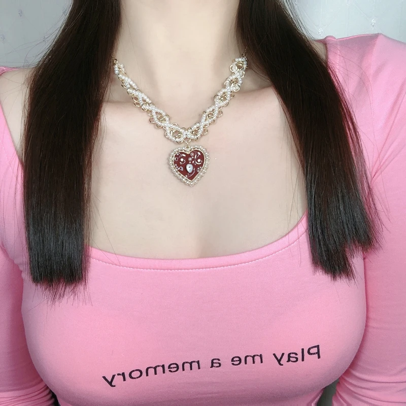 

Vintage Weaving Pearl Chain Love Heart Necklace for Women Fashion Luxury Pendant Choker Necklace Female Trend Aesthetics Jewelry