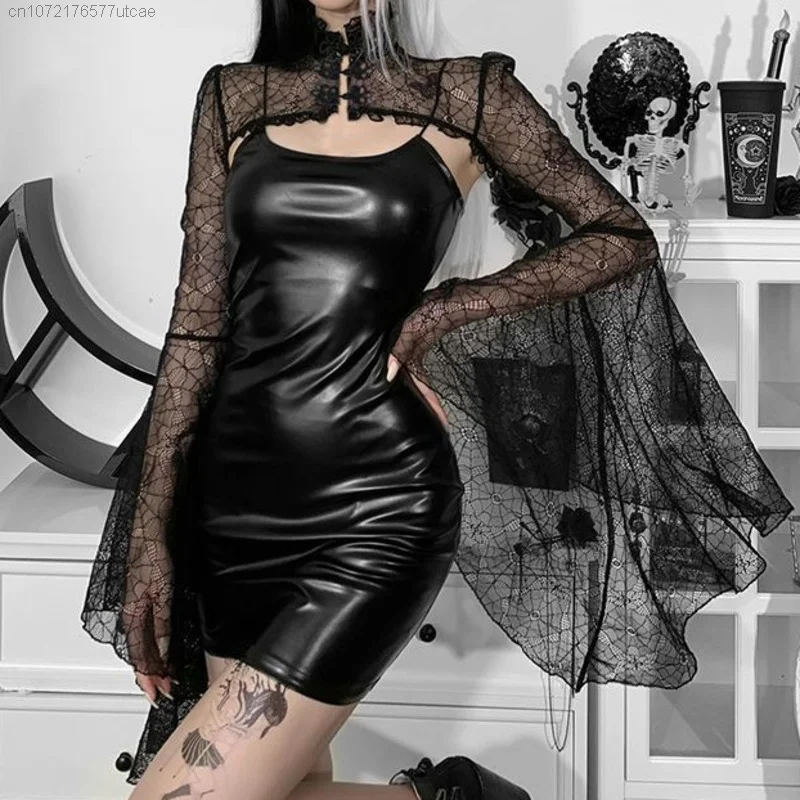 

Women's New Dark Gothic Punk Faux Leather Dress Sets Y2k Zipper Spider Web Lace Mesh Flare Sleeve Sheath Dress Two Piece Set
