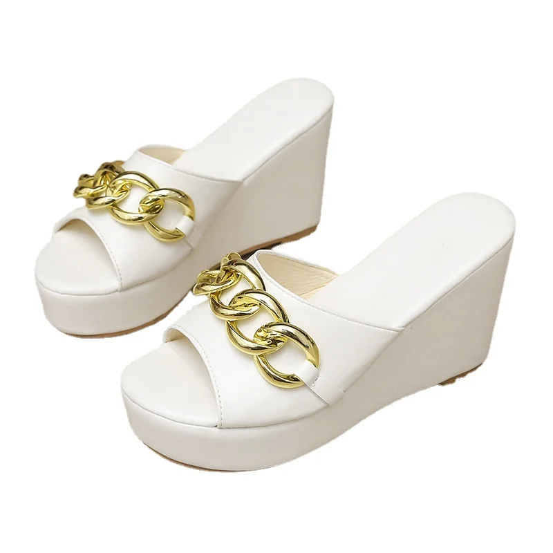 

Chain High Heels Slippers Women Wedding Shoes Summer White Black Platform Wedges Slides Ladies Beach Slippers Platform Sandals