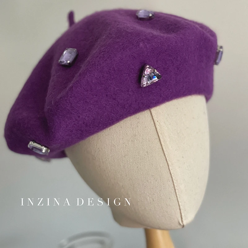

Autumn Winter Artist French Beret Fashion Hats for Women Painter Hat Girls Warm Rhinestone Cap Beanies gorros invierno mujer