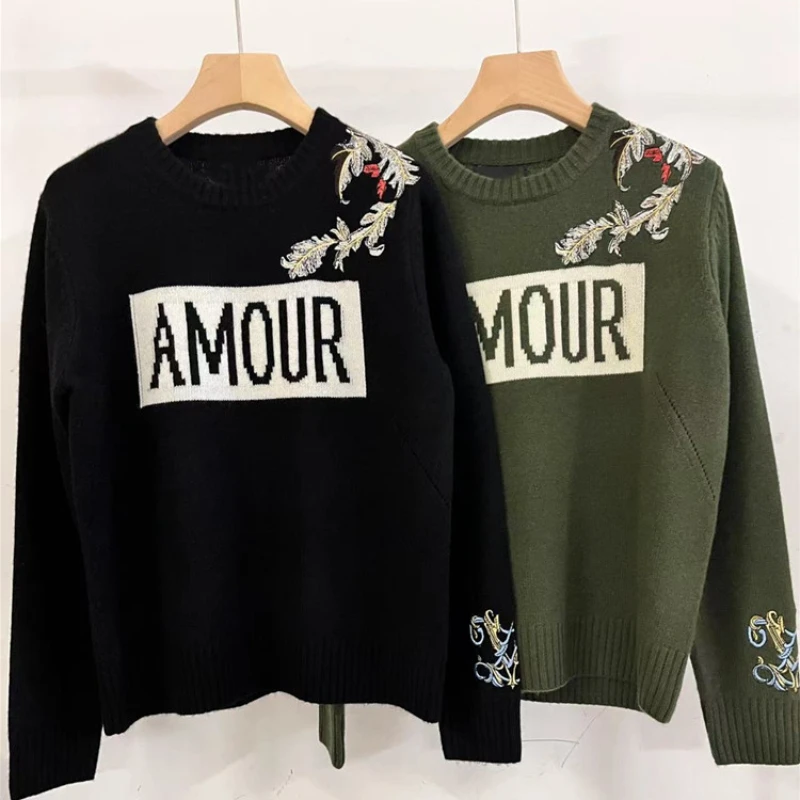 

100% кашемировый женский свитер с цветочной вышивкой и черепом, вязаный пуловер с длинным рукавом и круглым вырезом и буквенным принтом, джемпер
