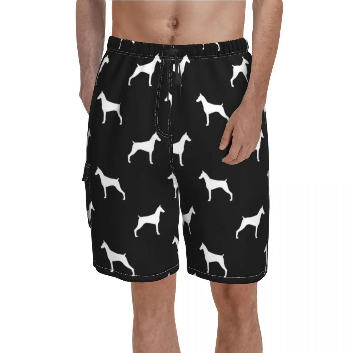 

White Dog Print Board Shorts Pinscher Silhouette Classic Beach Shorts Males Print Plus Size Swimming Trunks Birthday Gift