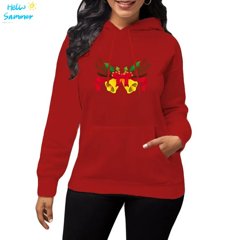 

Winter Clothes Christmas Hoodies Red Bells Print Women Sweatshirts New Year Party Casual Long Sleeve O-Neck Ladies Tops Fashion