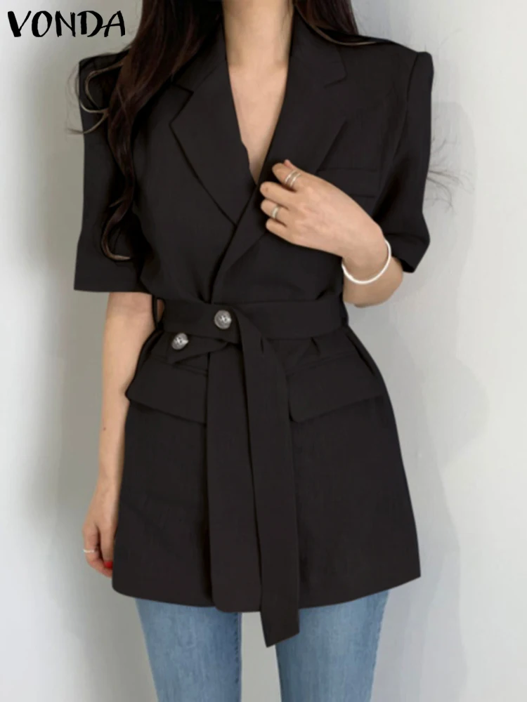 

VONDA Y2K Oversize Female Stylish Outerwear Veste Casual Lapel Button Jacket Femme Women Summer Short Sleeve Office Pocket Coat