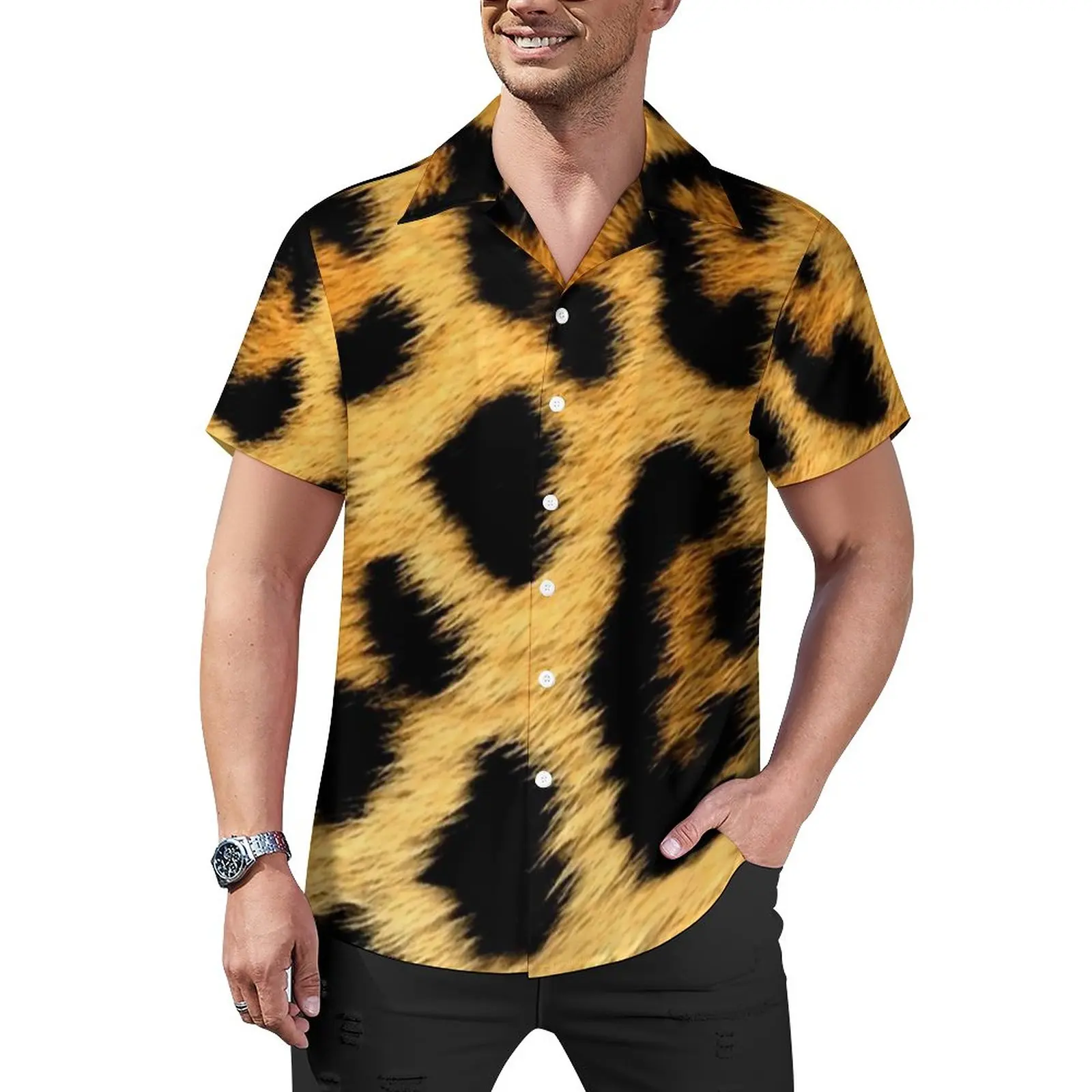 

Leopard Print Vacation Shirt Fashion Animal Hawaii Casual Shirts Men Harajuku Blouses Short Sleeve Graphic Tops Plus Size