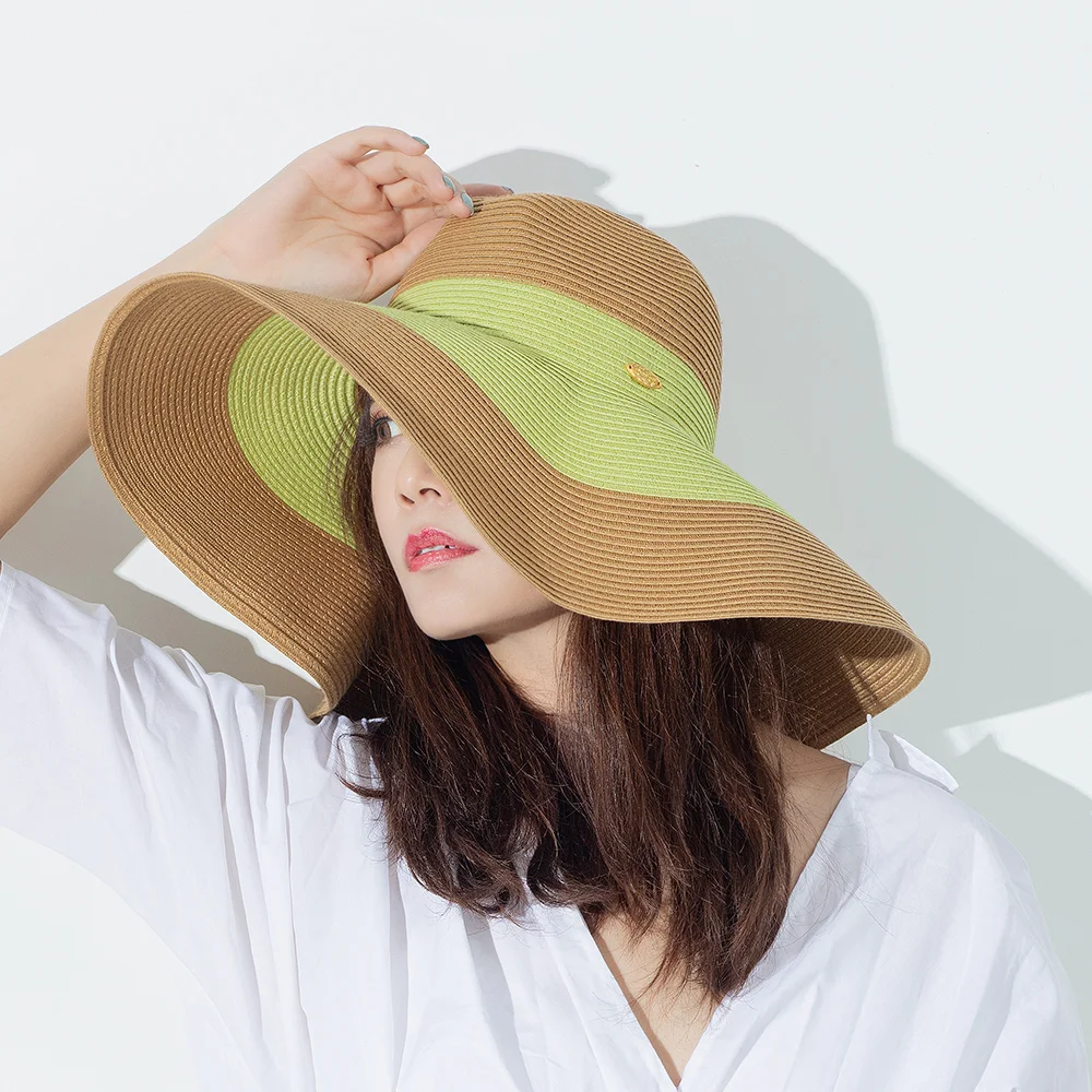 

US Stock OhSunny Hepburn Style Straw Hat Wide Large Brim Floppy Anti-UV Holiday Beach Hats UPF50+ Sun Protection Foldable Caps