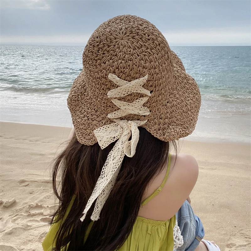 

Lace Bow Fisherman Hat Ladies Summer Small Fresh Air Breathable Sun Hats Japanese Light Luxury All-match Light Pearl Basin Hat
