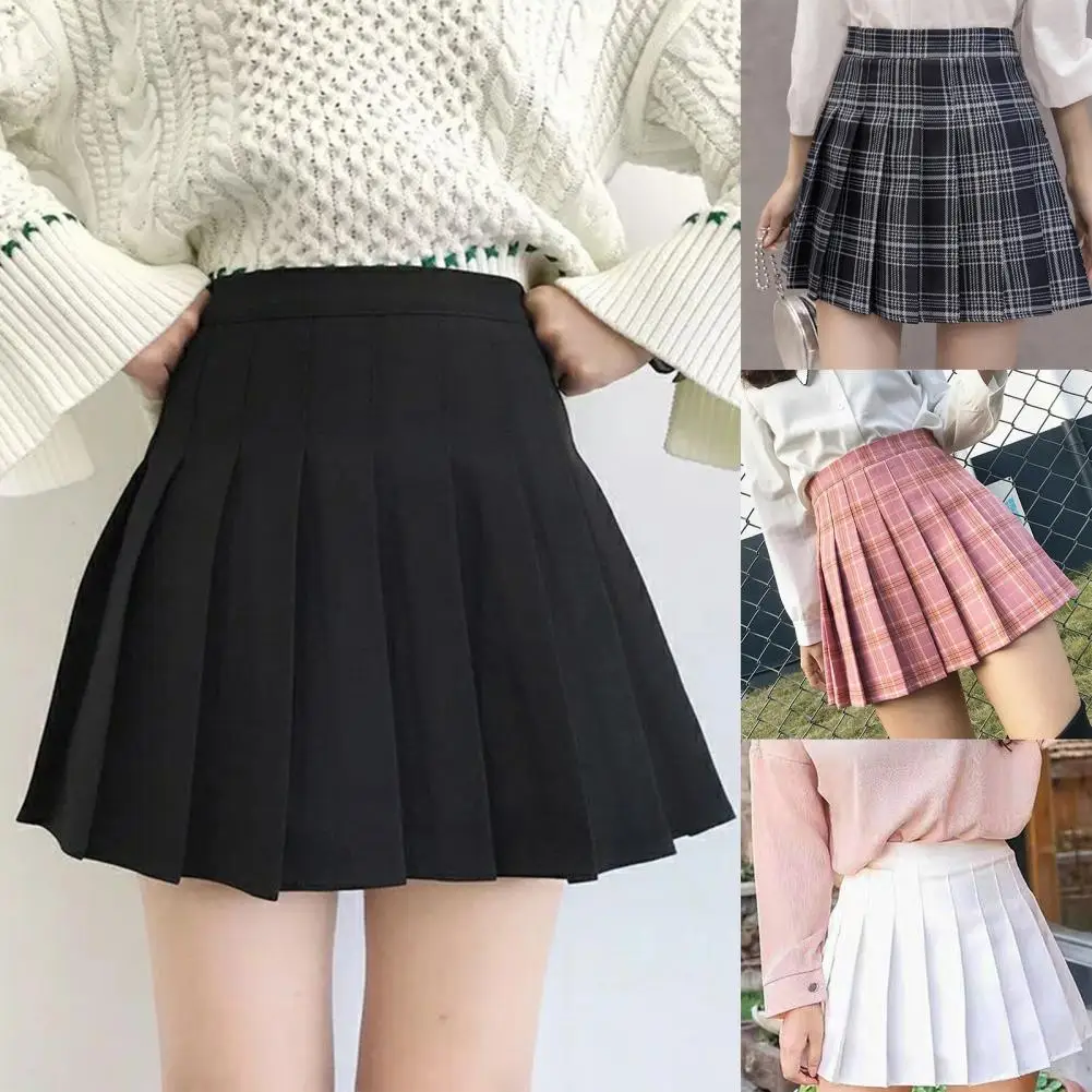 

Skirt High Waist Women Skirt Solid Color/Plaid Printed Pleated Skirt