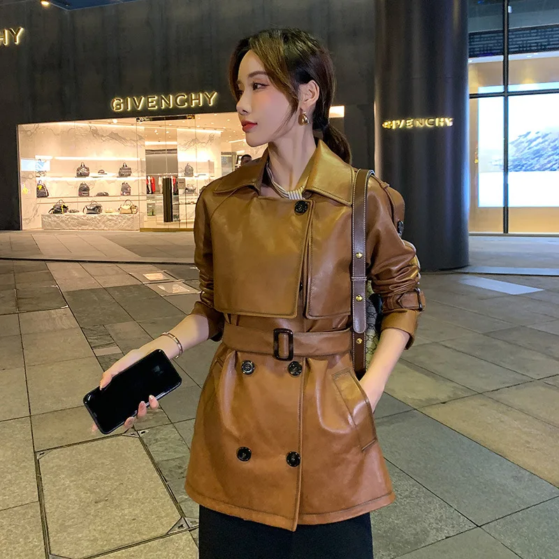 

2023 Spring Autumn New Genuine Leather Coat Women's Mid length Sheepskin Lace up Slim Leather Windbreaker Fashion Coat дубленка