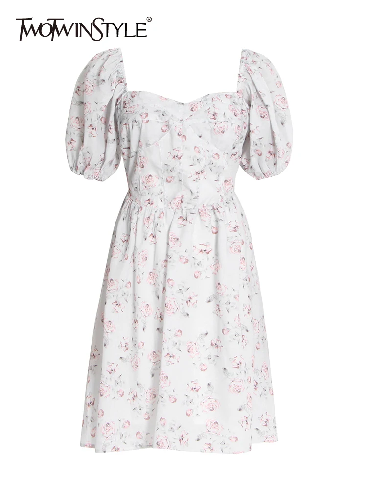 

TWOTWINSTYLE Vintage Print Colorblock Dress For Women Square Collar Short Puff Sleeve High Waist Dresses Female Summer Fashion