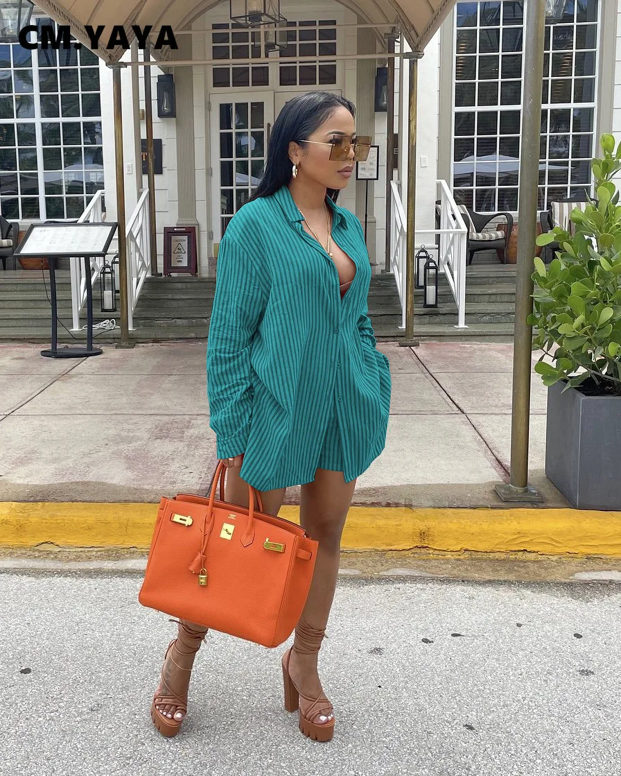 Уличный Женский комплект в полоску CM.YAYA однобортная рубашка с длинным рукавом и