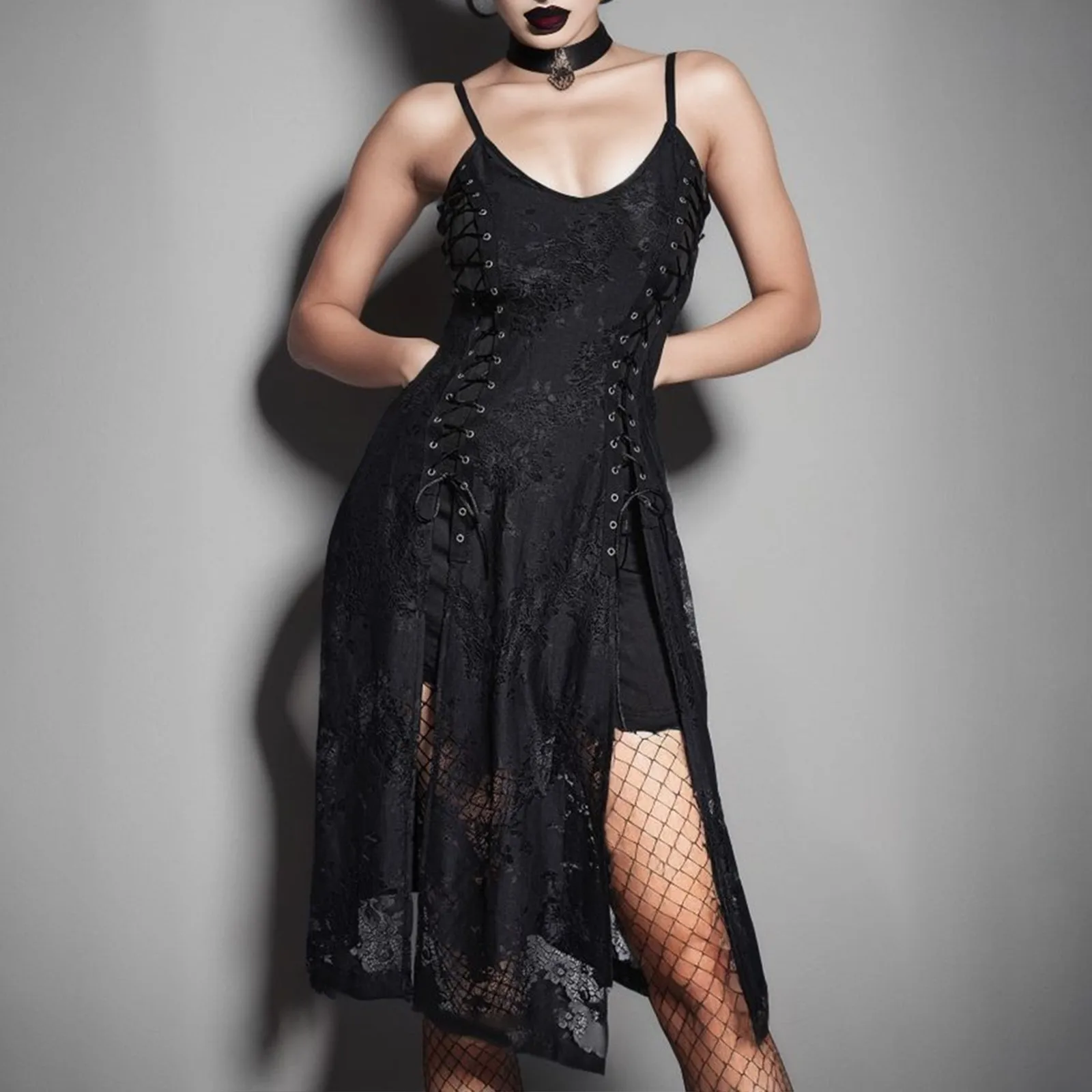 

Goth Split Mall Gothic Lace Sexy Bandage Midi Dresses Women Grunge Aesthetic Black Punk Sling Partywear Alternative Clothes Y2K