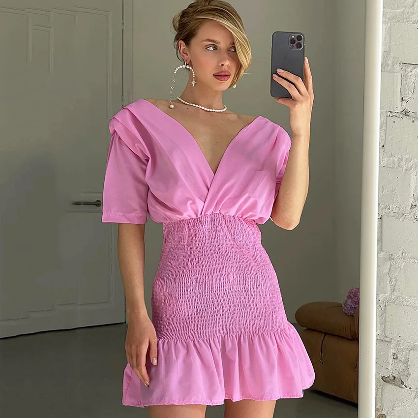 

2022 Fashion Women Elegant Solid Pleated Fishtail Dress Sexy V Neck Short Sleeve Office Ladies Mini Dress