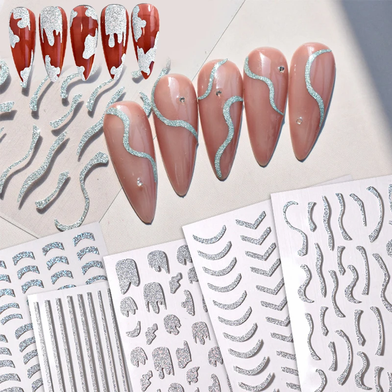 

Glitter Diamond 3D Nail Stickers Shiny Silver French Style Line Design Foils Sparkly Decoration Nail DIY Art Manicures Stickers