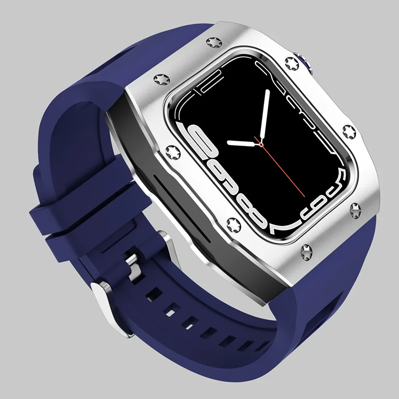 Luxury Modification Kit Case for Apple Watch Metal Beze Steel Case WatchBand for IWatch 8 7 6 Se 5 4 Rubber Strap 45mm 44mm Mod