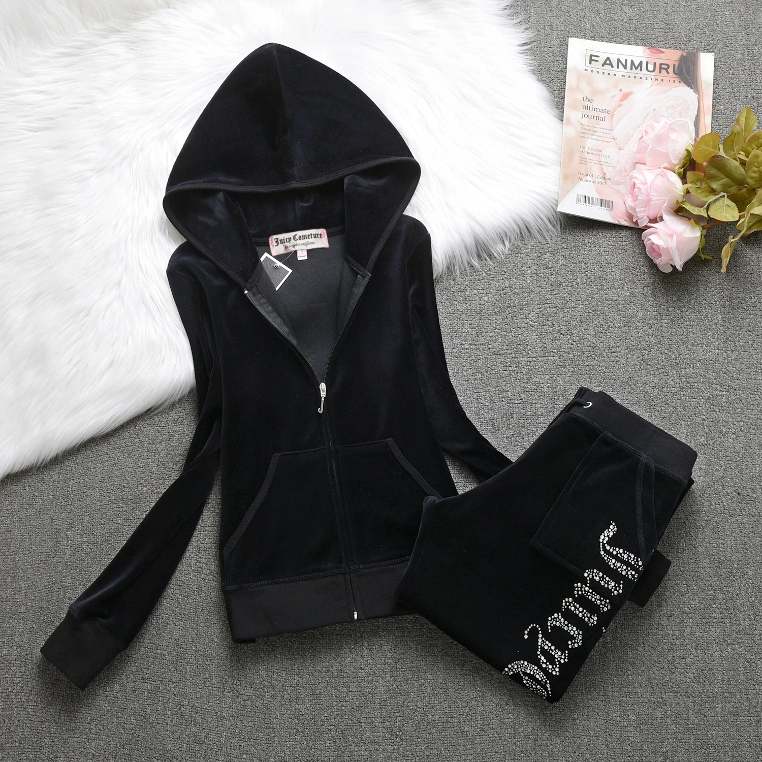 JUICY Cometure Y2K Velvet Tracksuit Women New Sports Suit Winter Casual Warm Hooded Jacket Pants