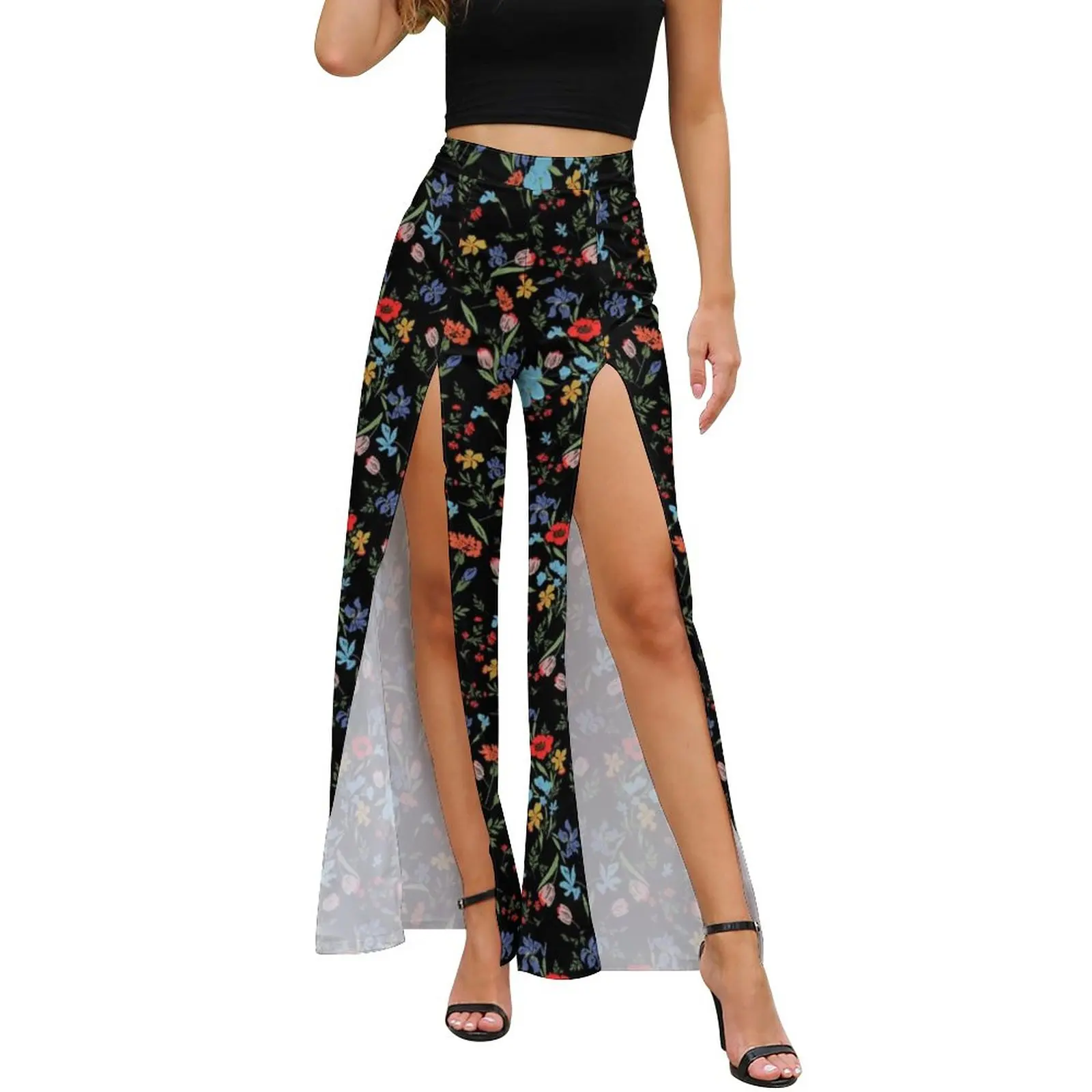 

Retro Baroque Floral Pants Summer Poppy Flower Print Trendy Wide Pants Ladies Slit Streetwear Printed Trousers