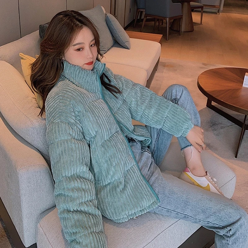 Trendy Winter Thick Corduroy Coat Women Korean Style Stand Collar Warm Cotton-Padded Jacket Female Zip Up Short Parkas