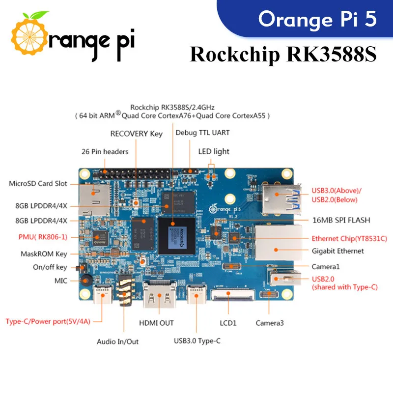 Плата для компьютера Orange Pi 5 ОЗУ 16 ГБ внутренняя плата RK3588S внешний Wi-Fi + BT SSD 8K